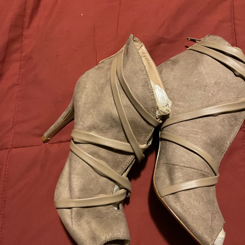 Tan open face booties